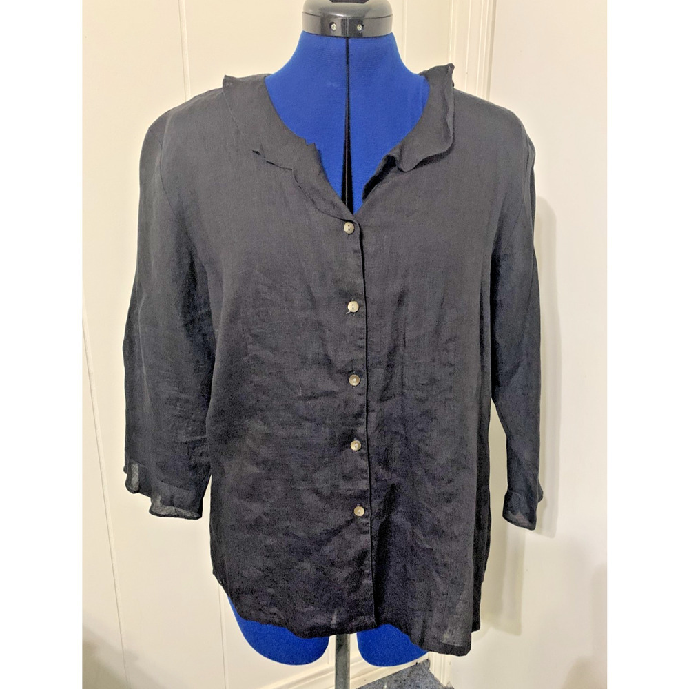Talbots Women's Top Blouse Size 14 Irish Linen Solid Black Button Up 3/4 Sleeves